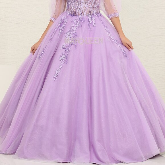 Green,blue,lilac purple,strapless beaded ball gown with detachable sleeves,prom - Picture 3 of 9